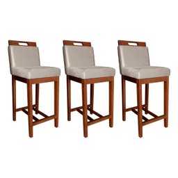 Kit 3 Banquetas Estofadas com Encosto Veneza Média 94 Cm Madeira Maciça Suede Bege CCS - 1