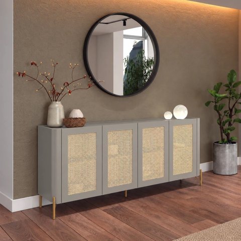Buffet Bend 180 cm Porta Sextavada Incolar Grigio com Pé Dourado