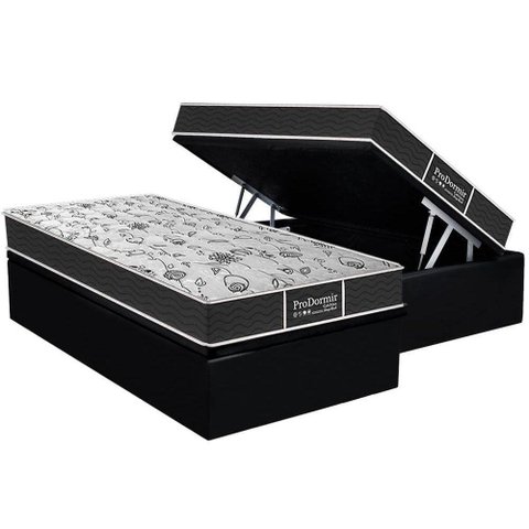 Cama Box Baú Solteiro: Colchão Molas Probel Prolastic ProDormir Sleep + Base CRC Suede Black(