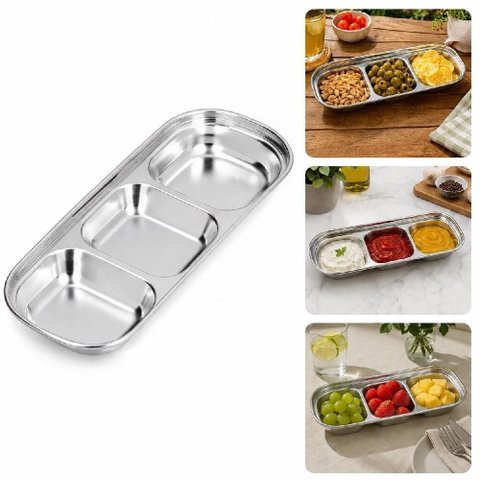 Petisqueira Inox 3 Divisorias Prato Dividido Compartimentado Aco Inoxidavel 304 Multiuso Porta Molho