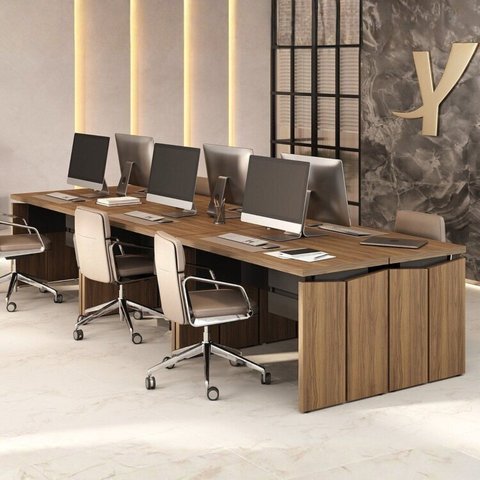 Conjunto Plataforma de Escritório para 6 Pessoas com 6 Mesas e Gaveteiros Suspenso Individuais Marrom/Nogal/Preto Artany