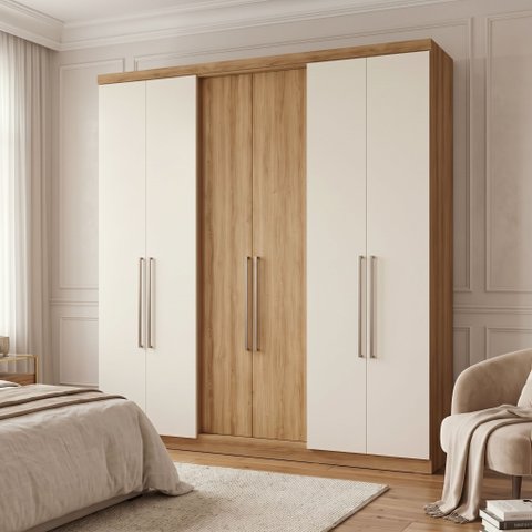 Guarda Roupa Casal 6 Portas e 2 Gavetas 219 x 210cm Presence Yescasa Off White/Marrom Almendra