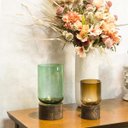 Ver imagem 4 de Vaso Mondello Decorativo Cachepô Enfeite 26x13x13cm Vidro Verde Base Madeira