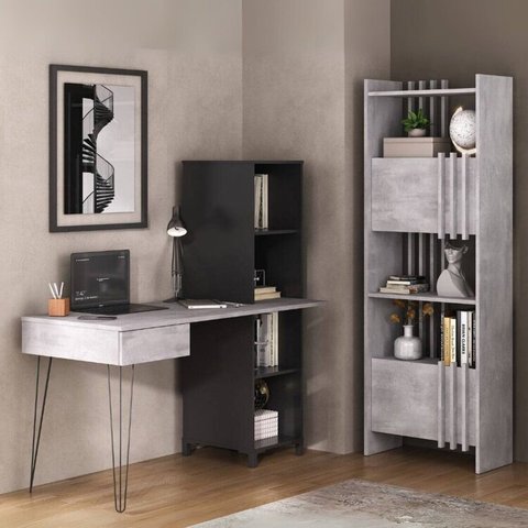Conjunto 2 Peças no Estilo Industrial com Escrivaninha Fusion e Estante Alta Arbos Concreto Preto Cinza Artany