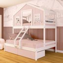 Ver imagem 1 de Beliche Casal/ Solteiro Casinha Sonhos com 02 Gavetas Rosa Madeira Maciça Rosa/ Branco Megamobilia