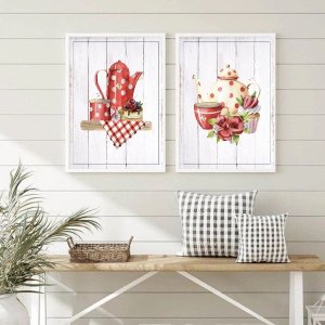 Kit 2 Quadros Decorativos Chá e Café Poá Vintage 33x24cm - com Vidro:madeira Preta
