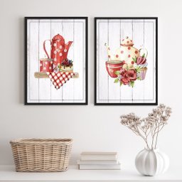 Kit 2 Quadros Decorativos Chá e Café Poá Vintage 33x24cm - com Vidro:madeira Preta - 2