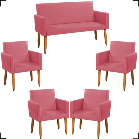 Kit Namoradeira Decorativa Para Sala Nina + 4 Poltronas Para Recepção Manicure Suede
