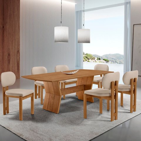 Sala de Jantar Mesa Portugal 180cm Tampo Laminado Barril e 6 Cadeiras Nala Moderna Mobília