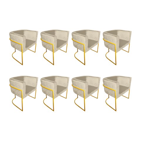 Kit 8 Poltronas Decorativa Sala de Estar Base de Ferro Dourada Veludo Bege