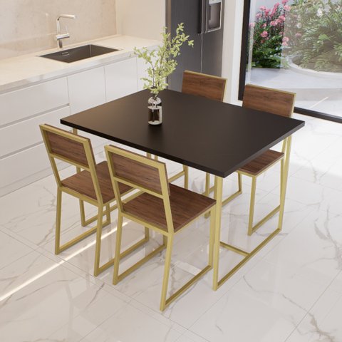 Conjunto Mesa de Jantar Retangular Preta 4 Cadeiras Imbuia Riviera Industrial Dourado Don Castro Dec