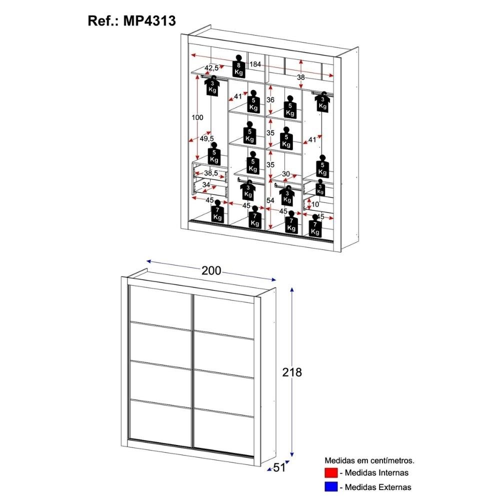 Guarda-roupas Casal 2 Portas de Correr 4 Gavetas Dallas Multimóveis Mp4313 Off White - 4