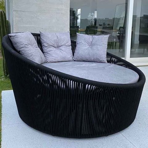 Chaise Palmeira em Corda Náutica Preta - Tecido Linus Mescla Cinza Claro