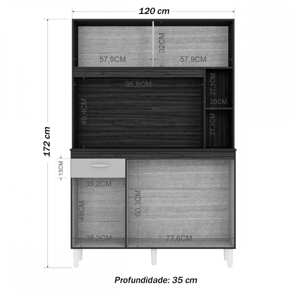 Cozinha Compacta Duda 5 Portas 1 Gaveta Damasco/Preto - Poquema - 3