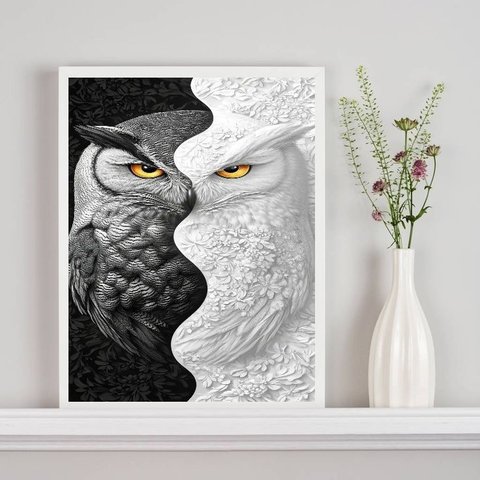 Quadro Decorativo Coruja Branco Preto - Metades 45x34cm:moldura Branca
