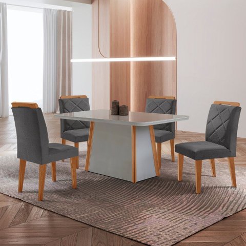 Mesa de Jantar Diane Tampo 120cm Mdf Vidro Canto Copo e 4 Cadeiras Melissa Moderna Mobilia