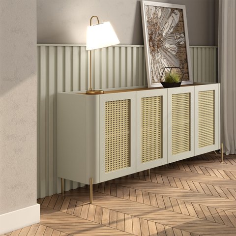 Aparador Buffet com Porta Sextavada com Painel Ripado 240cm Cor:louro e Luna com Dourado