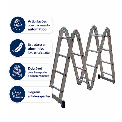 Escada Articulada Alumínio 4x4 Prime Dobrável 16 Degraus
