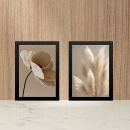 Kit 2 Quadros Fotografias Flores Bege - Quarto Sala 24x18cm:moldura Preta - 2