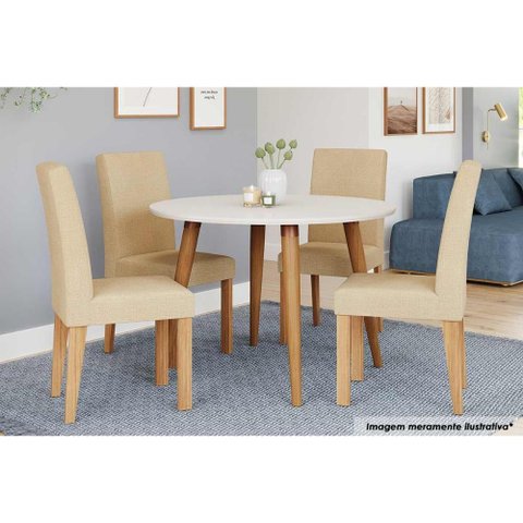 Sala de Jantar Completa Dani C/ Tampo Madeira Maciça 110cm e 4 Cadeiras Maia Nature/suede Gengibre