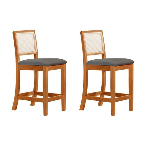 Kit 2 Banquetas Altas em Tela Sextavadas Assento Estofado Linho Cinza Rubi Madeira Maciça Mel