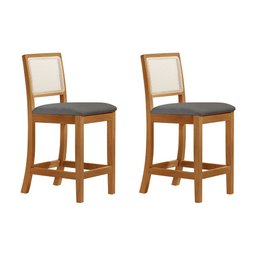 Kit 2 Banquetas Altas em Tela Sextavadas Assento Estofado Linho Cinza Rubi Madeira Maciça Mel - 2