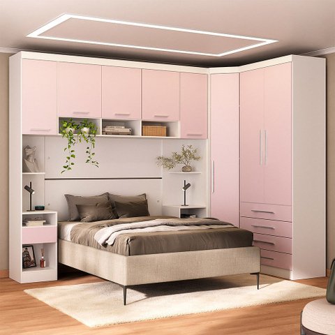 Quarto Modulado Casal de Canto com Guarda-roupas Maleiro e Cabeceira Alpes Master Luciane Móveis
