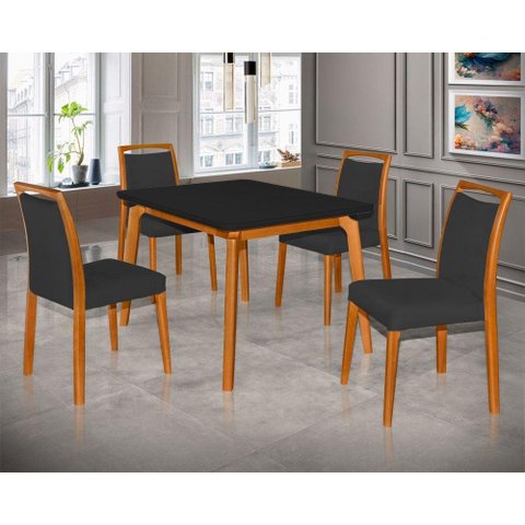 Mesa Jantar Jade 120x90cm Preto com 4 Cadeiras Estofadas Veludo Preto Base Madeira Maciça Mel
