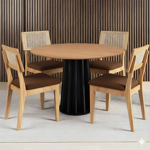 Mesa Jantar Redonda 105cm com 4 Cadeiras Estofadas 100% Mdf Cor:freijó com Preto Fosco e Veludo
