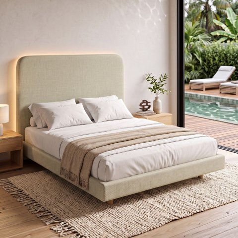 Cama Box Base King com Cabeceira Zaya 193x203 Flutuante Estilo Japonesa Linho Bege - Desk Design