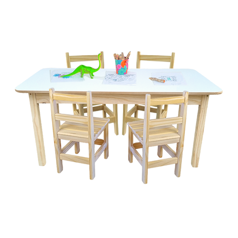 Kit Mesa Mdf 100x60 + 4 Cadeirinhas Infantil Resistente de Madeira Maciça Pinus Organizadora Jogo
