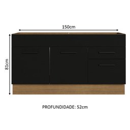Balcão Gabinete de Pia Cozinha 150 cm 2 Portas e 2 Gavetas (Sem Tampo e Pia) Rustic/Preto Agata Madesa - 4