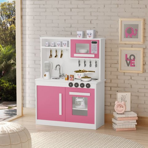 Cozinha Infantil Brincar de Faz de Conta com Pia Fogão Microondas Bancada Brinquedo:rosa