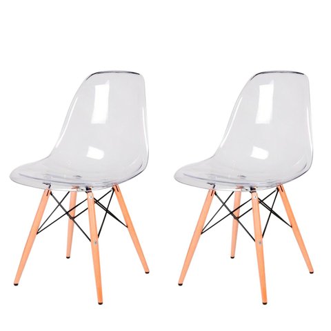 Kit Com 2 Cadeira Transparente Eiffel Eames Base Madeira Incolor 130PC