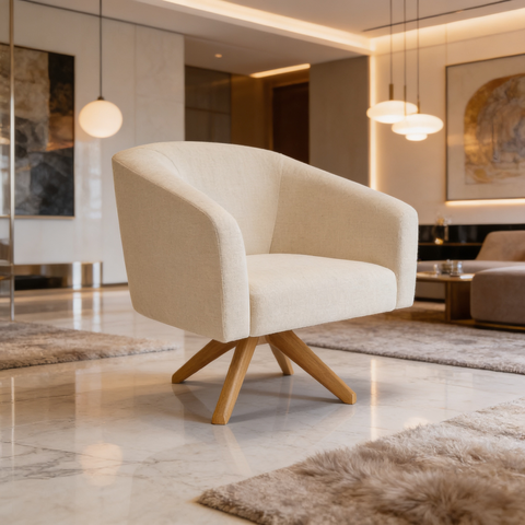 Poltrona Decorativa Sala Giratória Linho para Leitura Quarto Penteadeira Stella Bege Base Madeira