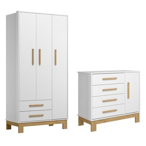 Jogo de Quarto Q Encanto Slim Guarda Roupa e Cômoda Branco - Qmovi