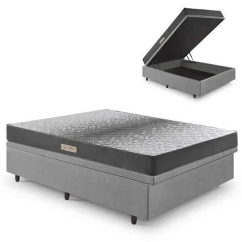 Cama Baú Casal 138x188 Courino Linho Cinza com Dual Firm Espuma Ecoflex