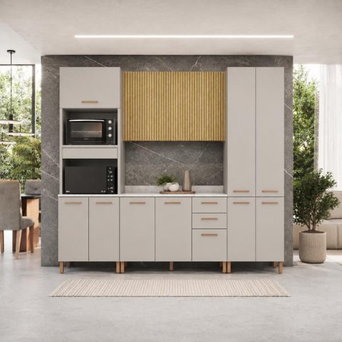 Cozinha Modulada Completa 100% MDF Valência Cinza e Amadeirado Claro 260x230cm Casamia