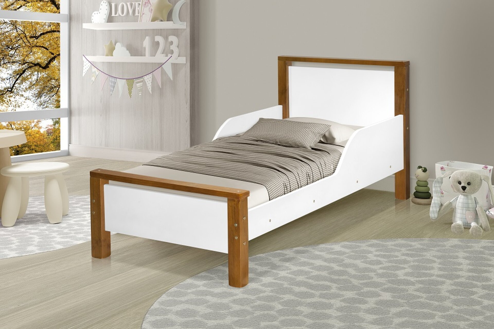 Cama Infantil Estilo Retro Pés de Madeira Branco com Marrom - 2