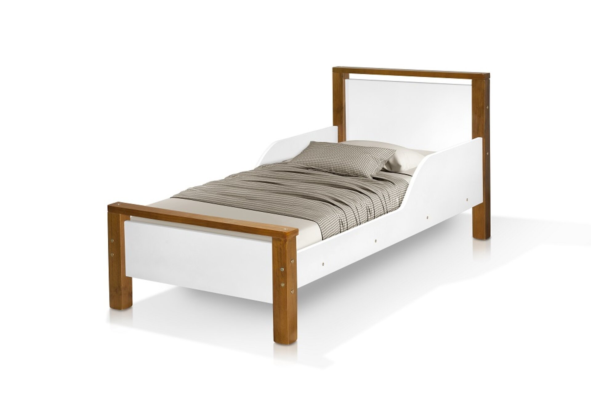 Cama Infantil Estilo Retro Pés de Madeira Branco com Marrom