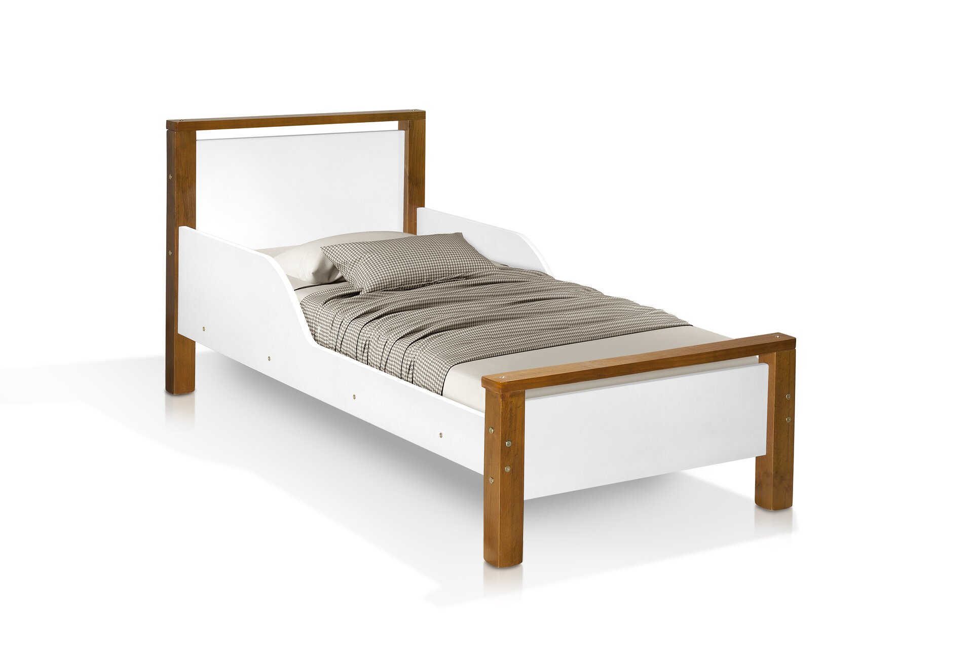 Cama Infantil Estilo Retro Pés de Madeira Branco com Marrom - 3