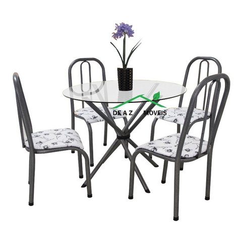 Conjunto Mesa Redonda Vidro 04 Cadeiras Chumbo Aço Quality
