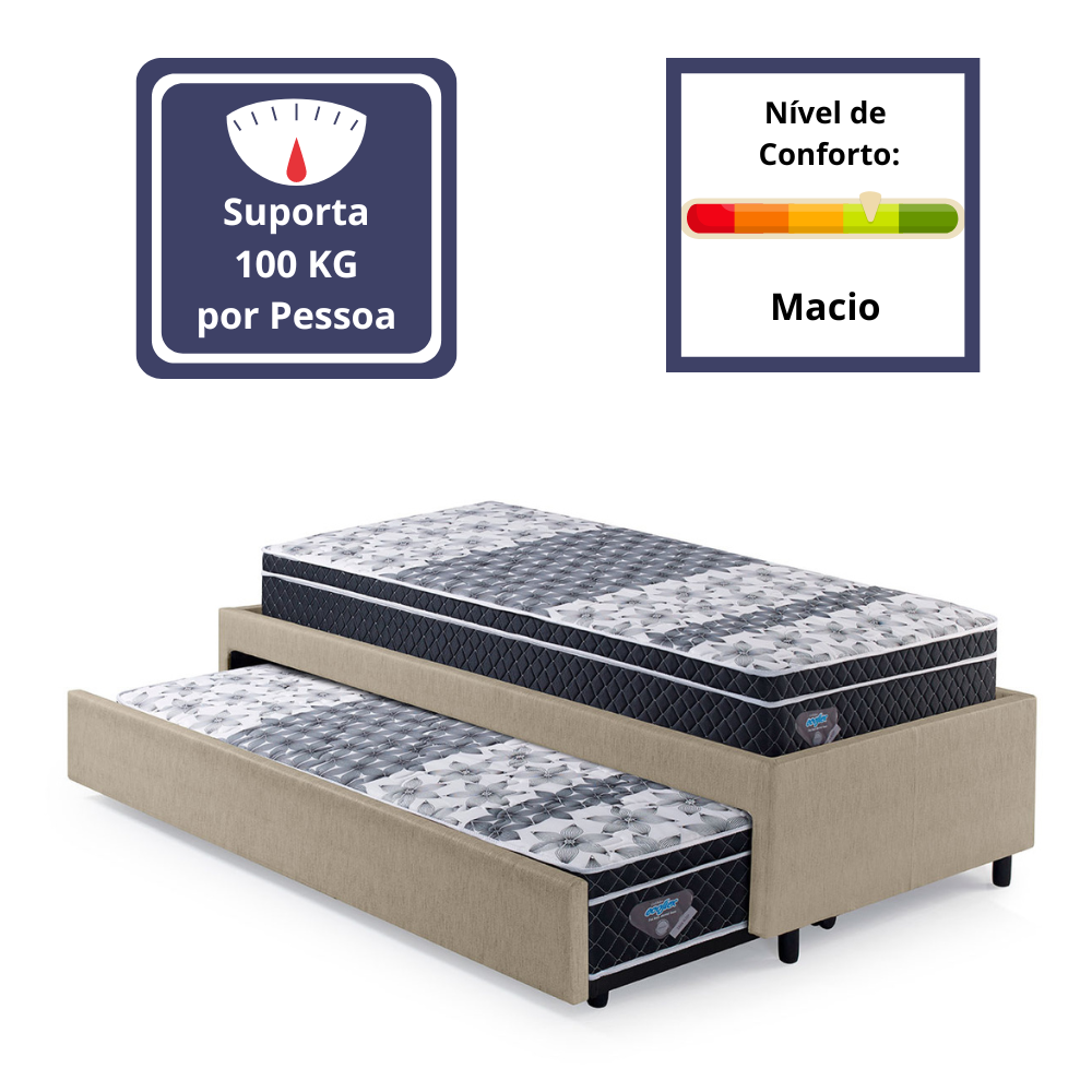 Bicama Box Solteiro Courino Linho Bege 88x188 com Dois Colchões Gransleep Molas Verticoil Ecoflex - 5