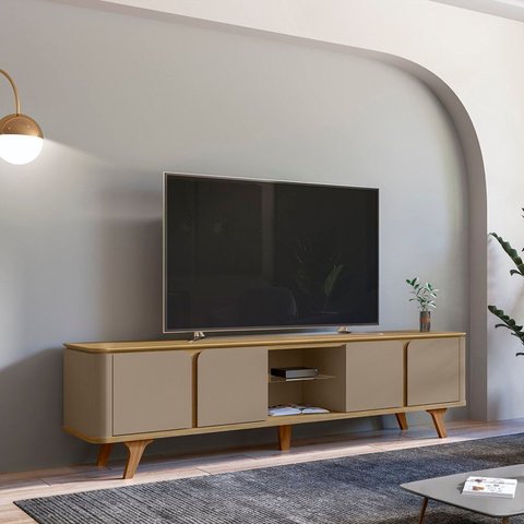 Rack para TV até 60 Polegadas MDF 217cm Pés em Madeira Maciça Cantos Curvos Roma