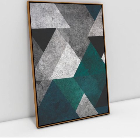 Quadro Decorativo em Canvas Geométrico Cinza, Azul e Preto TaColado Moldura Flutuante 4,5cm Freijó 9