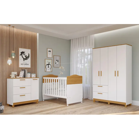 Quarto Infantil Completo Helena Guarda Roupa, Cômoda e Berço Mini Cama Nature/branco - Permobili