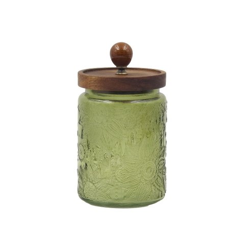 Pote de Vidro Decorado Verde 700ml Tampa Madeira Tuut