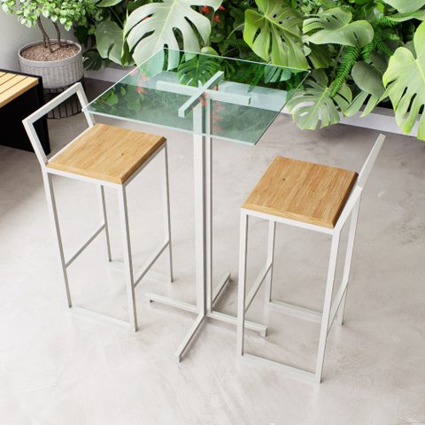 Conjunto Mesa Alta Bar Bistrô Quadrada Vidro 2 Banquetas Confort Pinus Industrial White Don Castro D