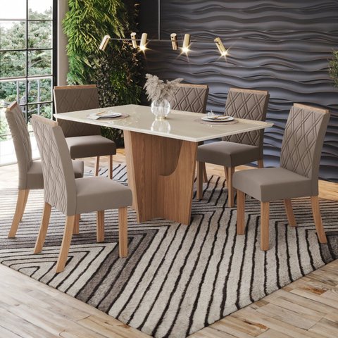 Conjunto Sala Jantar Vértice 160cm Canto Reto com Vidro 6 Cadeiras Vértice Marrom/Nature/Off White/Tecido Bege