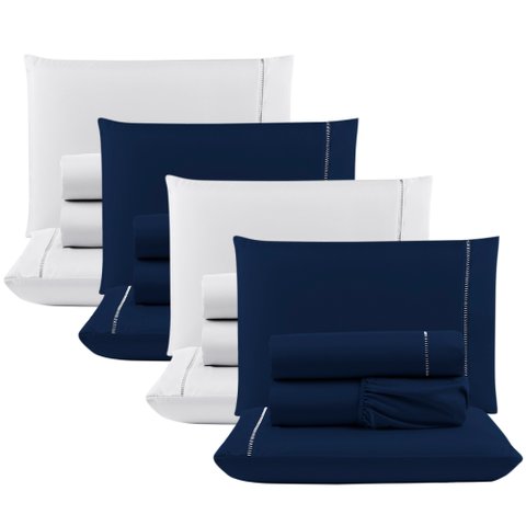 Kit C/ 4 Jogos Cama Lençol Unique Casal Padrão Micro Percal 400 Fios Ponto Palito 4 Peças - Azul Mar
